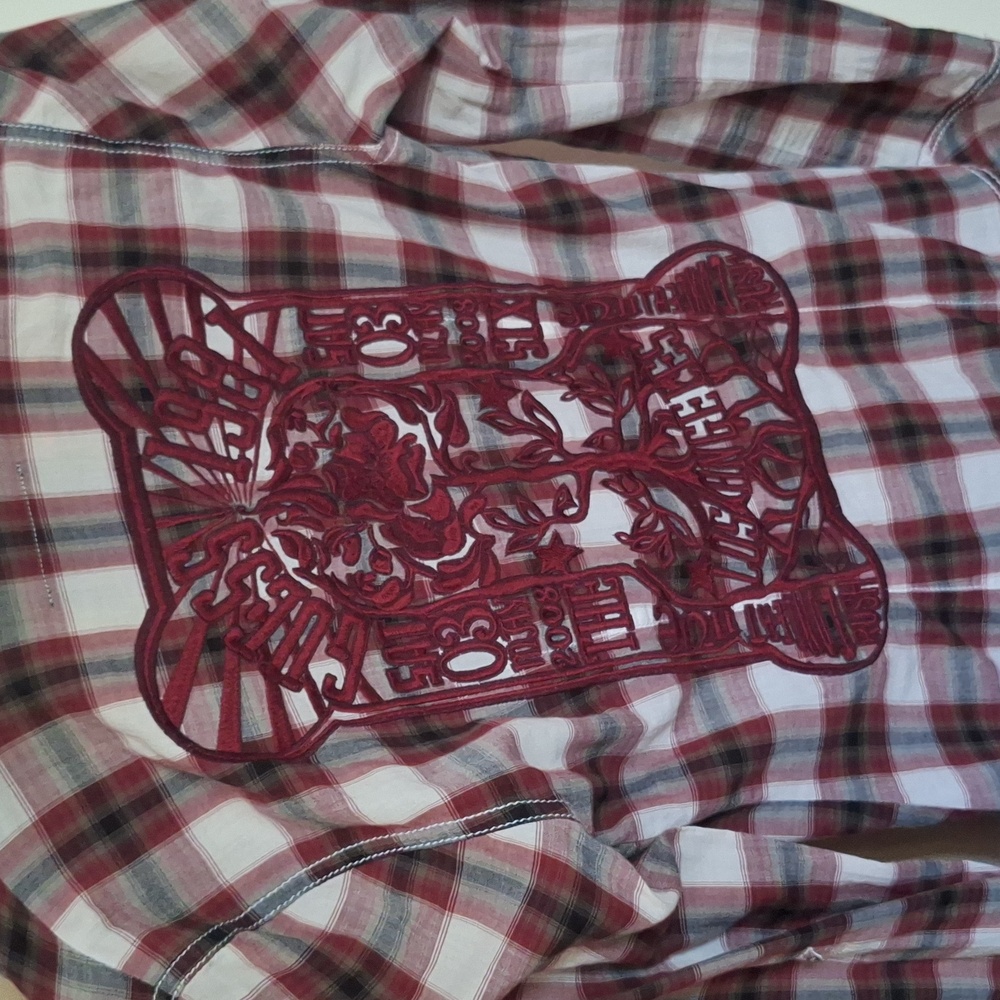 Guess Ladies Red, White And Black Plaid Blouse - Picture 4 of 5